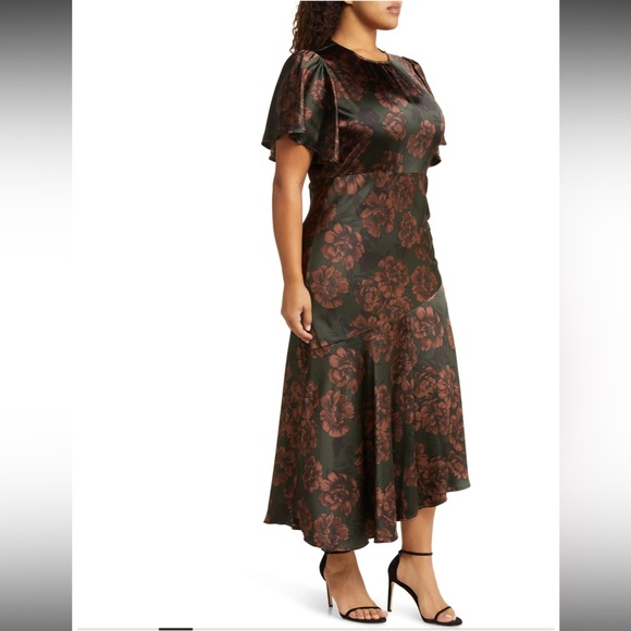 NEW CHELSEA28 Asymmetric Hem Satin Dress in Green Brown Explosive Floral size 1x - Picture 1 of 13